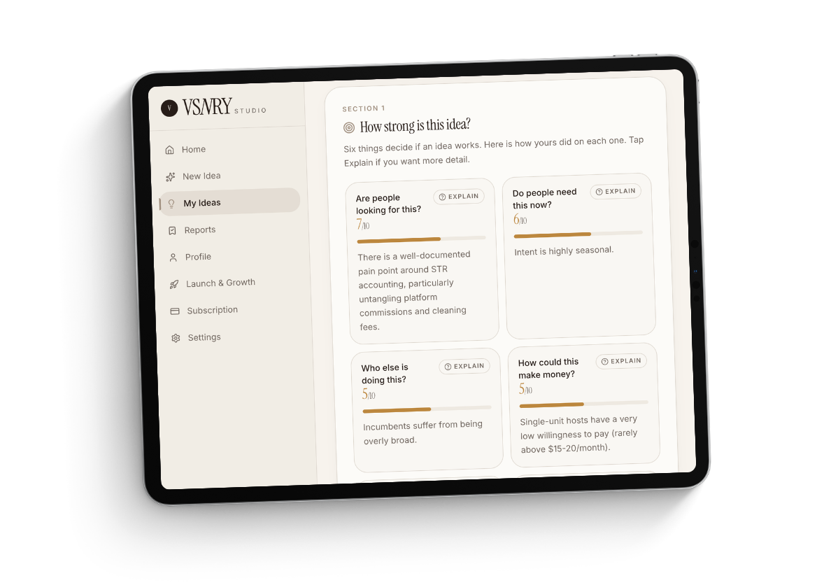 A VSNRY Studio opportunity report open on a tablet