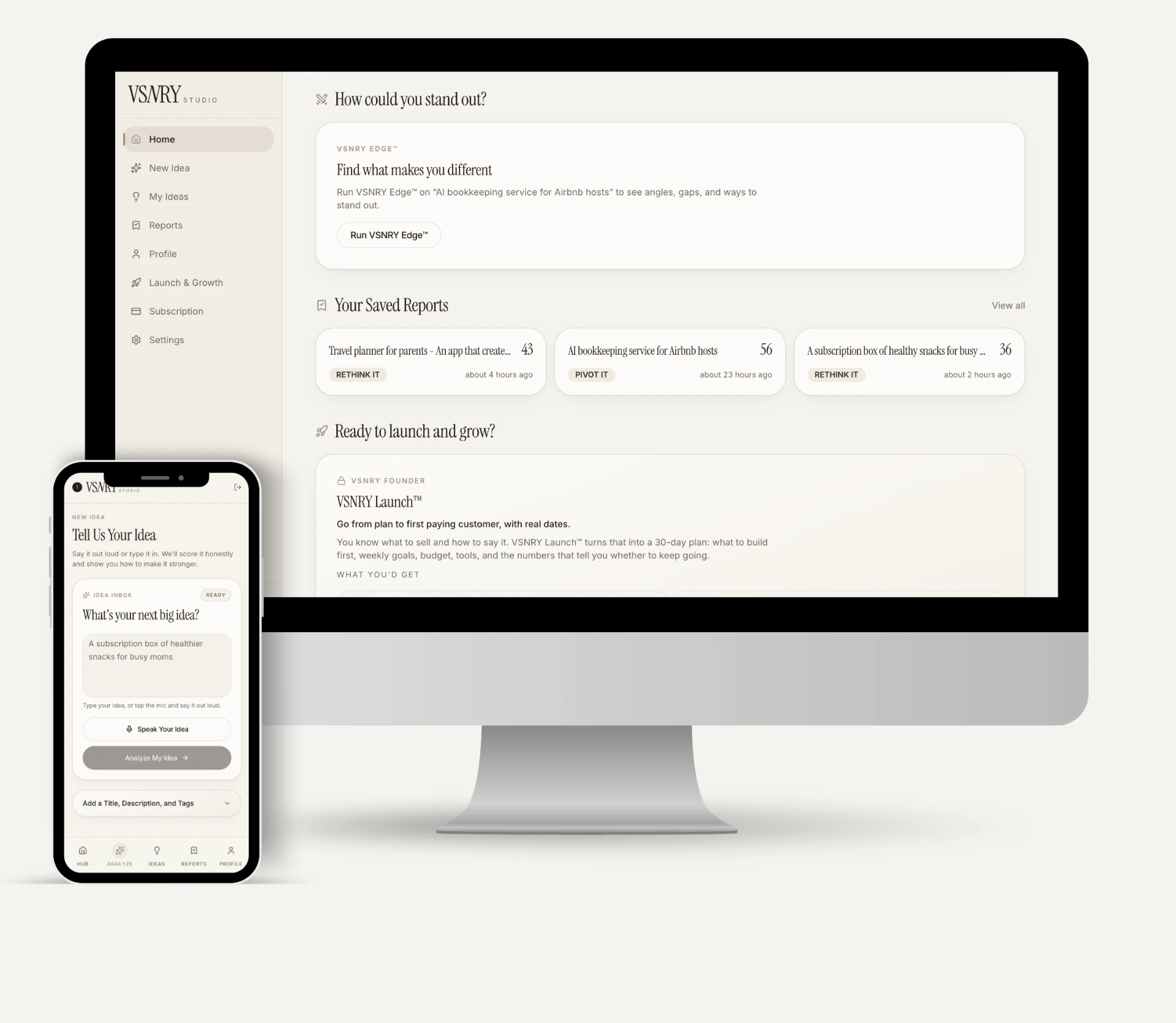 VSNRY Studio running on desktop and mobile, showing the Idea Inbox and Analyze My Idea screen