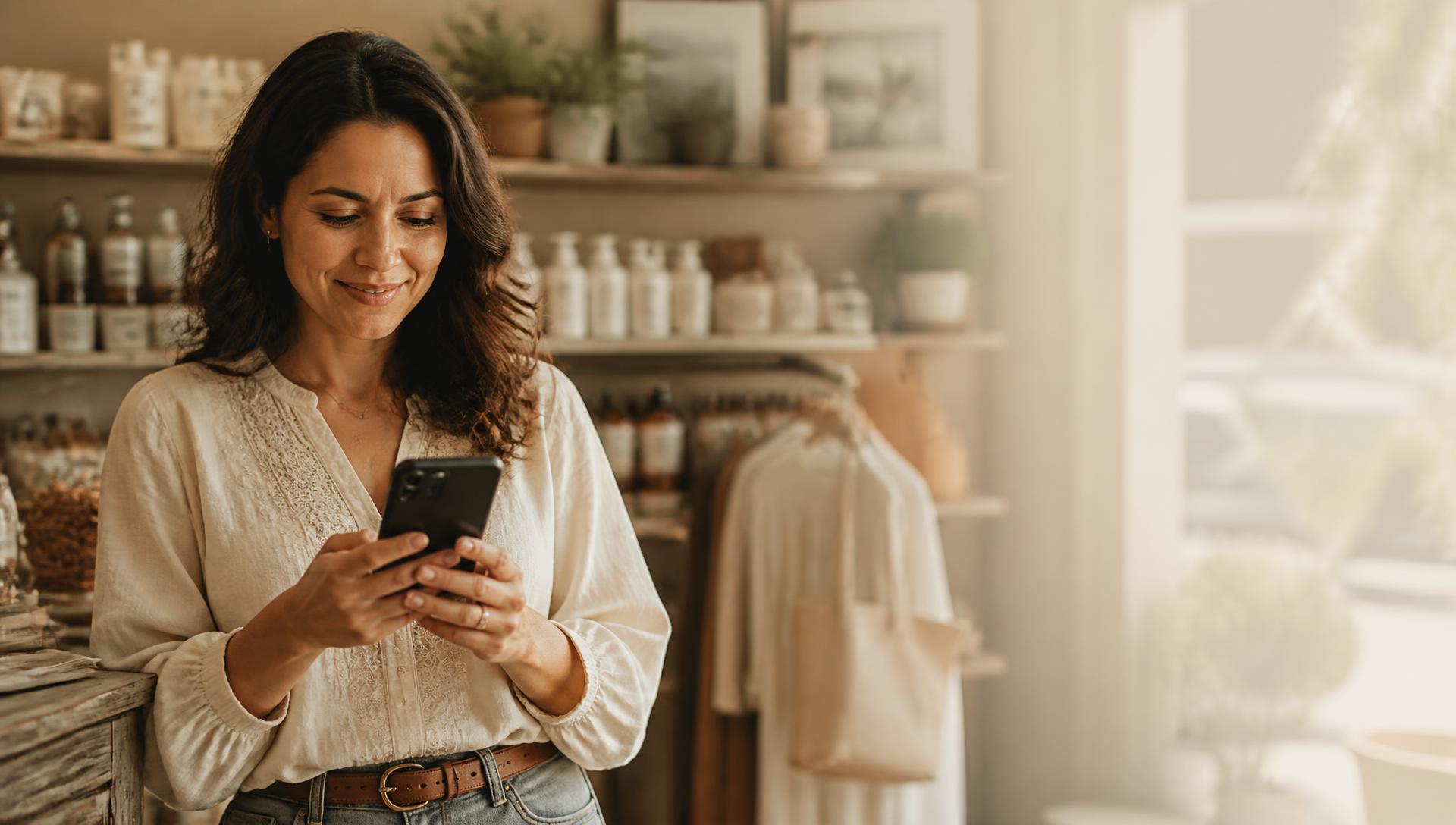 A shop owner smiling at her phone inside the store she built