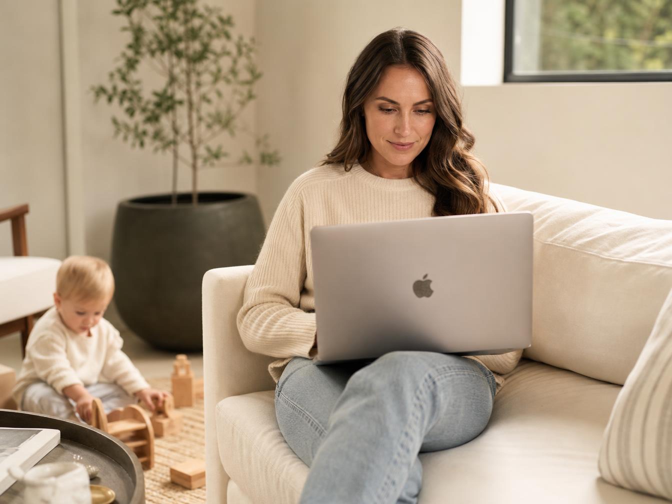 A polished mom sitting on her couch using the VSNRY Studio app on her laptop while her toddler plays on the living room floor